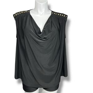 Harper 241 Womens Blouse Shirt Top Drape Neck Chain Accent Stretch Black 2X